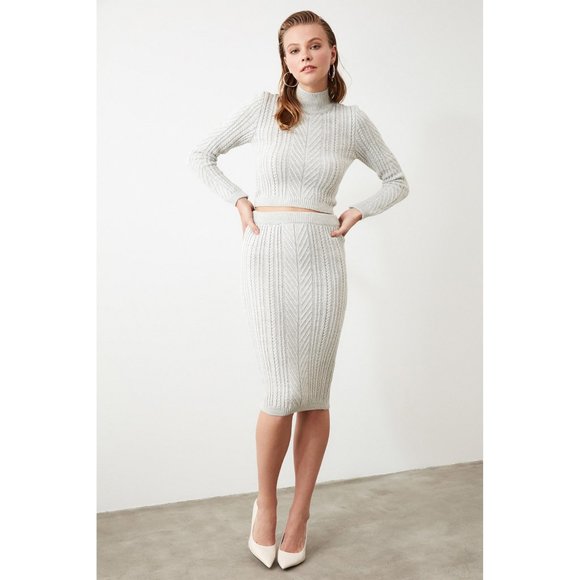 Trendyol Sweaters - 2 Piece Beige Knitwear Crew Neck Sweater Skirt Set